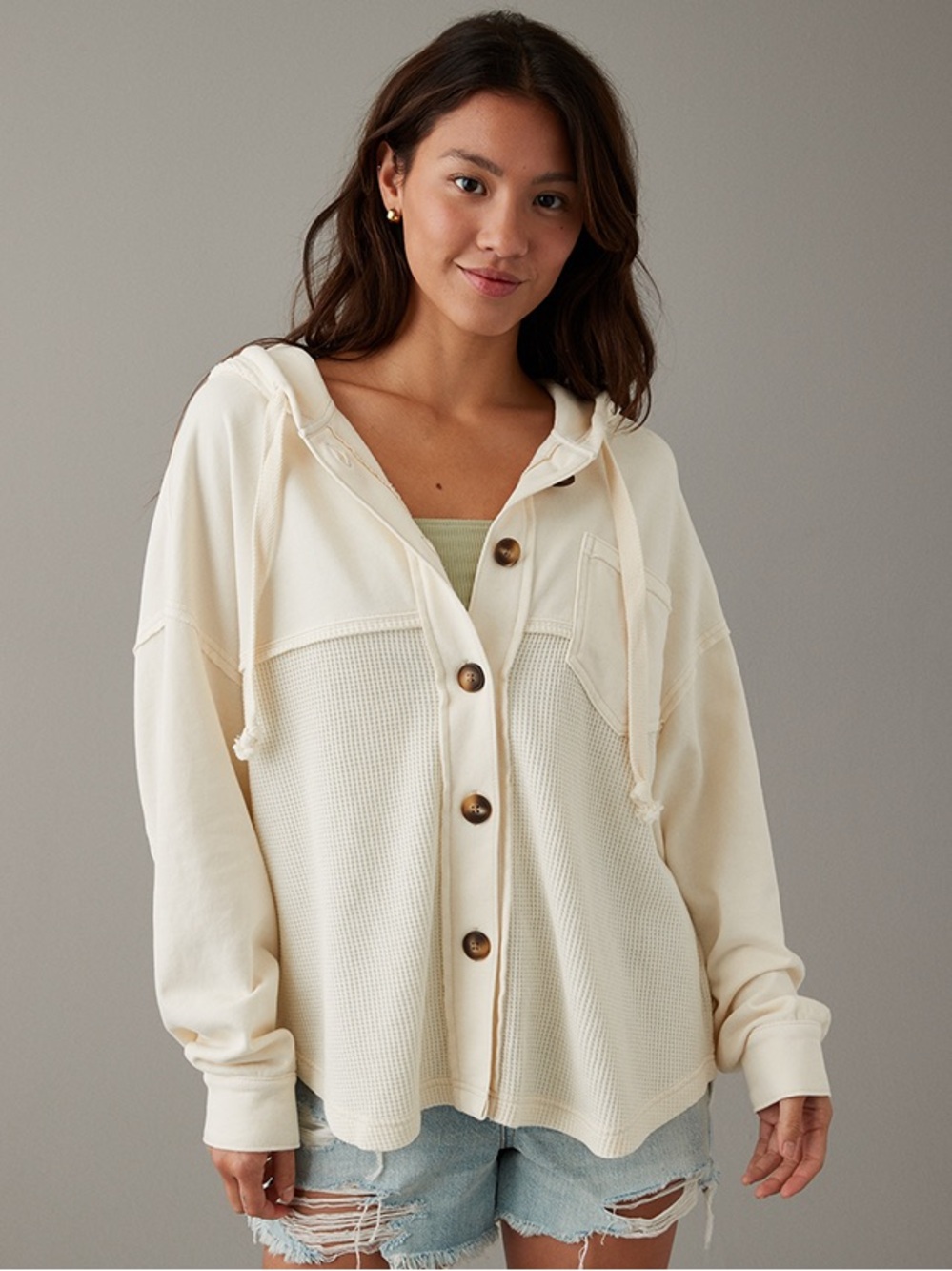 American Eagle Outfitters- The Big Hug Cream Hooded Shacket